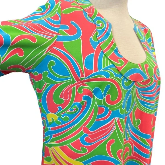 KATHERINE WAY BOLD MOD LONG SLEEVE SUMMER DRESS BOLD COLORFUL PRINT 1960s 1970s - Picture 4 of 13